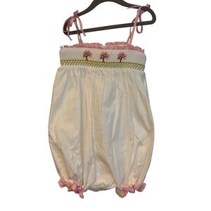 Sweet Honey Clothing Co Girls White Pink Smocked Cherry Blossom Bubble Romper 3T